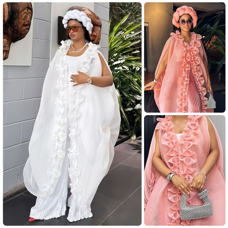 Ethnic Style Pleated Embellished Sleeveless Long Dress Nigerian Party Wedding Gown Bazin Robe
