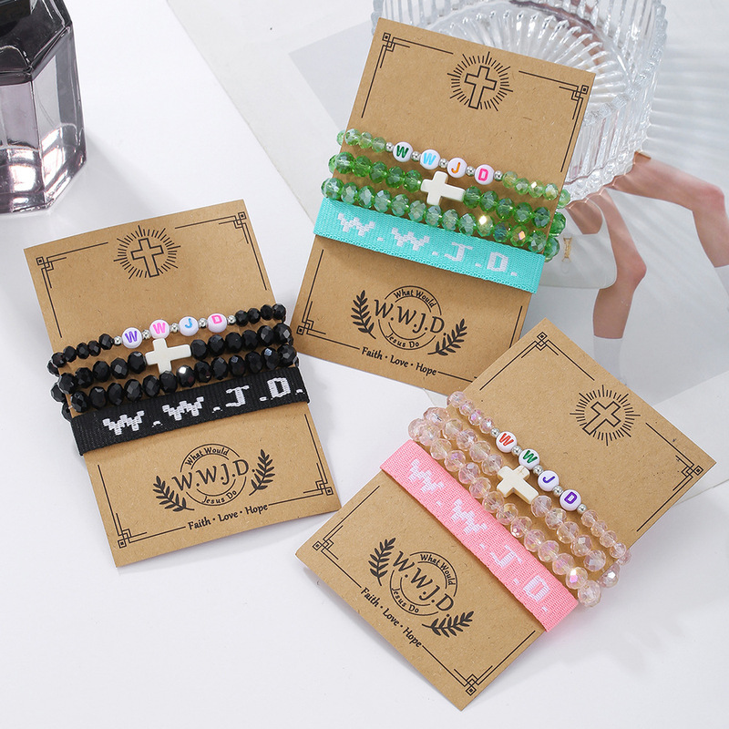 Cross-Border New Product Wwjd Cross Faith Bracelet Faceted Beads String Rice Beads Bracelet Wristband Set Available in Multiple Colors