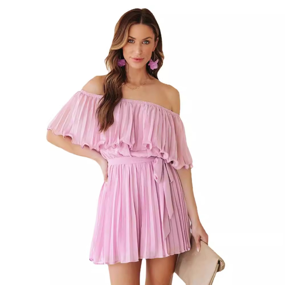 Mono corto plisado sexy de color liso con un solo hombro, estilo casual de verano 2026 para mujer