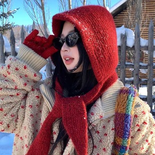 Red Balaclava women's autumn and winter warm wool hat scarf integrated hooded scarf knitted hat trendy