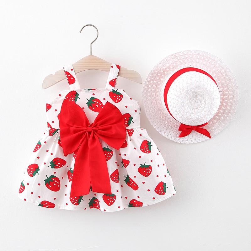 Foreign Trade Hot Batch Girls Summer Dress Strawberry Print Suspender Big Bow Cotton Skirt Baby Girl Hat Skirt