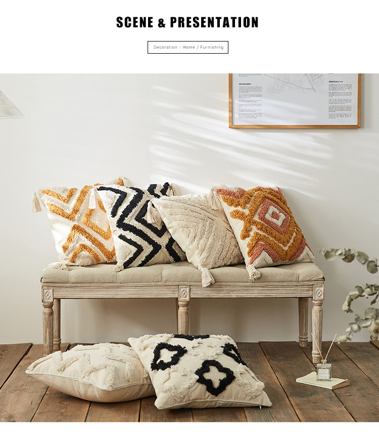 跨境专供摩洛哥民族风簇绒几何刺绣流苏波西米亚抱枕套靠垫亚马逊