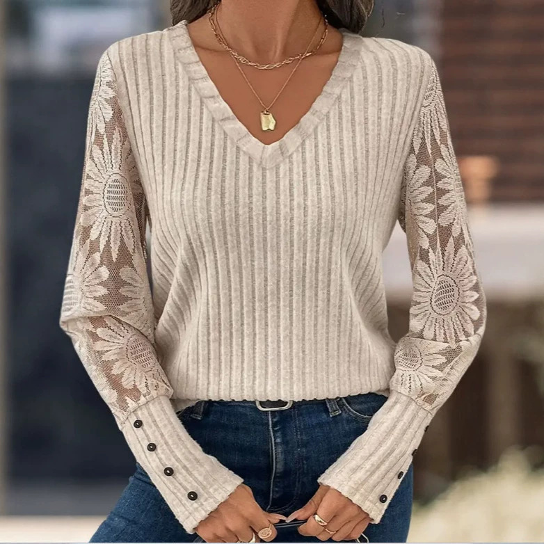 Autumn European and American Style V-Neck Ribbed Base Shirt with Lace Splicing and Long Sleeves Button-Up Women's Top Autumn European and American Style V-Neck Ribbed Base Shirt with Lace Splicing and Long Sleeves Button-Up Women's Top