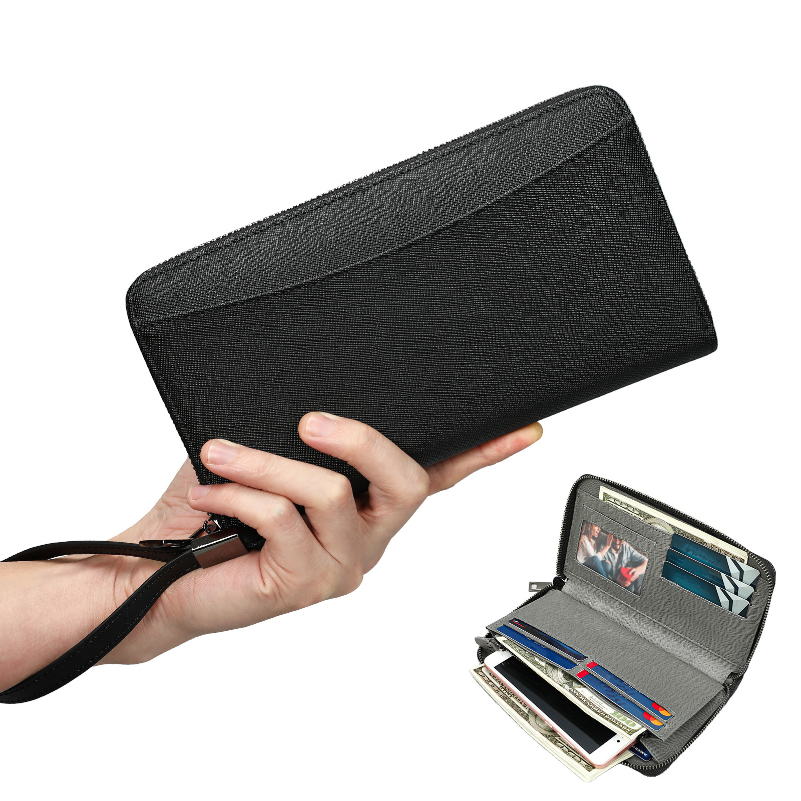 WB Fashion Men's Genuine Top Layer Cowhide Leather Clutch Bag Simple Long Wallet Business Travel Handbag In Black Brown_voghion.com