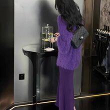紫色小香风套装秋装年新款气质名媛感小洋装毛衣两件套女