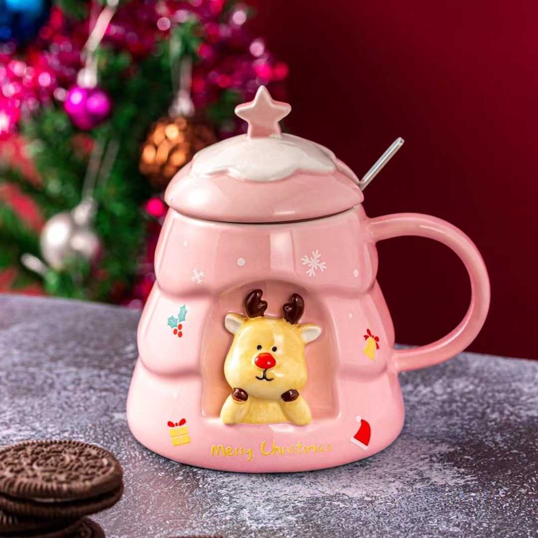 Creativo personalizado Navidad en relieve Taza de cerámica con tapa cuchara hogar taza de beber regalo taza de café de dibujos animados