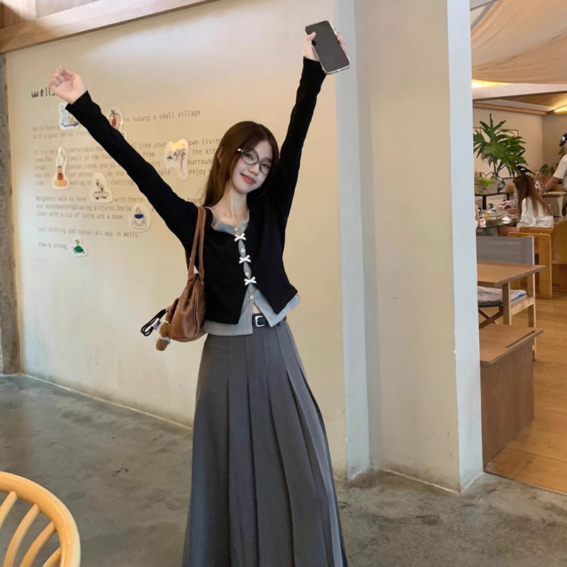 甘い気質の女性の秋の偽の2つの蝶結びのニットのカーディガンのvネックはやせている長袖の上着を現します。|undefined