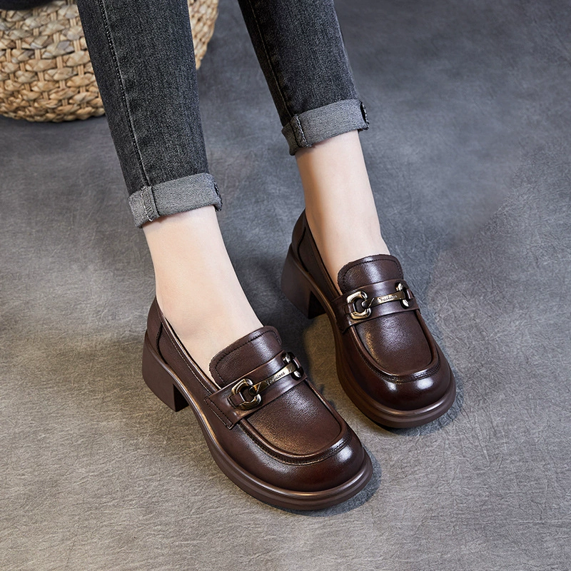 Туфли на толстом каблуке женские 24 новые весенние и осенние ретро настоящие кожаные кожаные туфли в британском стиле