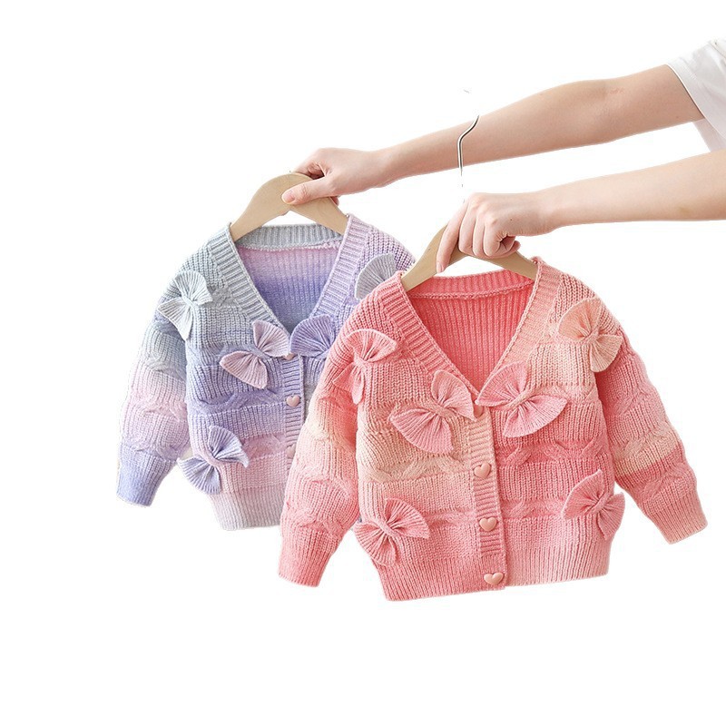 Girls' sweater cardigan, spring and autumn style, fashionable knitted cardigan with bow, sweet and cute design.