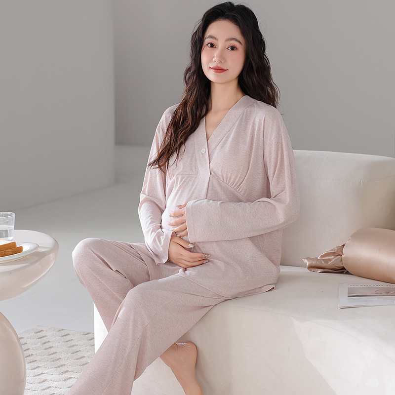 모달 가슴 패드가 있는 산후복 2025 봄 여름 임산부 수유 긴팔 바지 투피스 파자마 세트