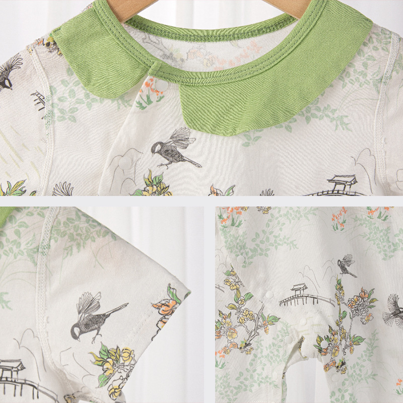 China estilo Han traje recién nacido bata de verano delgado conjunto de cuello de flor abierto de manga corta de algodón ropa de escalada