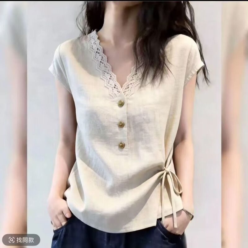 New Fashionable V-Neck Lace Patchwork Short-Sleeved Top, Slim Fit, Suitable for Work Wear, High-End Luxury Shirt New Fashionable V-Neck Lace Patchwork Short-Sleeved Top, Slim Fit, Suitable for Work Wear, High-End Luxury Shirt