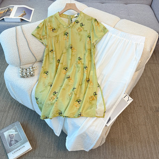 65-175kg Plus Size Women's Clothing for Summer: New Chinese Style Tea Break Top and Tencel Wide-Leg Pants Set