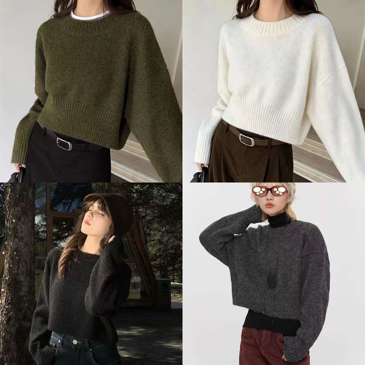 Cross-border foreign trade loose-fitting round-neck knit sweater, 2026 autumn and winter new model, solid color simple pullover sweater, women's short top