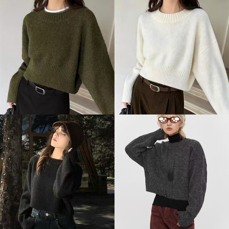 Cross-border foreign trade loose-fitting round-neck knit sweater, 2026 autumn and winter new model, solid color simple pullover sweater, women's short top Cross-border foreign trade loose-fitting round-neck knit sweater, 2026 autumn and winter new model, solid color simple pullover sweater, women's short top