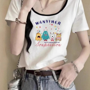 New Style Color-Block Ribbed Short-Sleeve Right Shoulder Shirt for Women, Age-Reducing Summer Petite French High-Waisted Versatile Short Top
