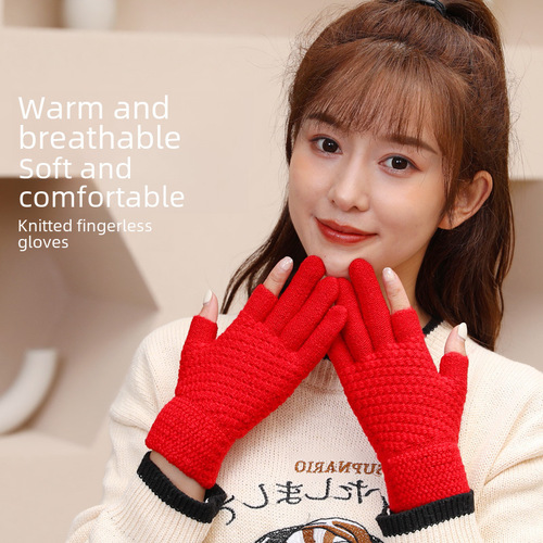 Knitted gloves for women in autumn and winter, warm and thickened, exposed two-finger office touch screen gloves, women's split-finger gloves