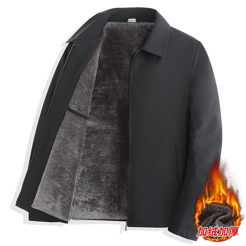 爸装加绒外套宽松休闲中老年男秋冬季上衣立领夹克厚款中老年棉衣