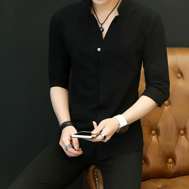 Летняя льняная рубашка с воротником-стойкой, мужская рубашка с короткими рукавами в корейском стиле, тонкая модная повседневная красивая белая рубашка с рукавом три четверти и средним рукавом