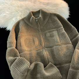 秋冬男士时尚简约百搭拉链开衫毛衣男日系宽松半高领休闲针织衫