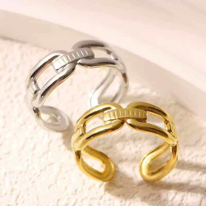 欧美跨境爆款钛钢链条开口戒指时尚百搭小众设计女不锈钢戒指批发