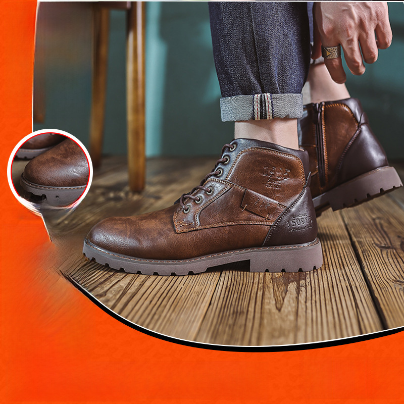 Botas masculinas de couro transfronteiriças Botas Martin Botas masculinas plus size Botas curtas com zíper Sapatos masculinos Outono e inverno Sapatos de cano alto Desert Workwear Bo_voghion.com
