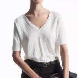 C*S女装 标准版型V领亚麻T恤白色2024春季新品1150155001
