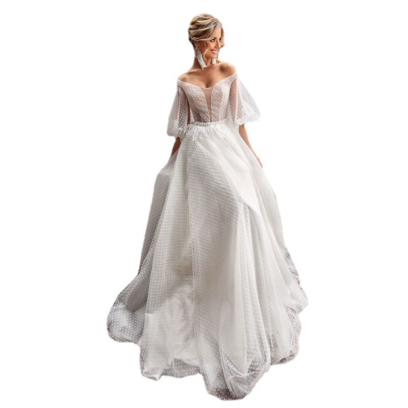 Comercio exterior europeo y americano Amazon AliExpress deseo nuevo vestido de noche de boda con cuello en V burbuja media manga beige punto vestido de red