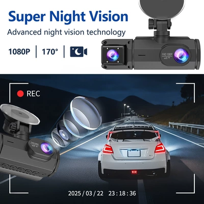 3-Camera Simultaneous Display Dashcam with: Driving recorder