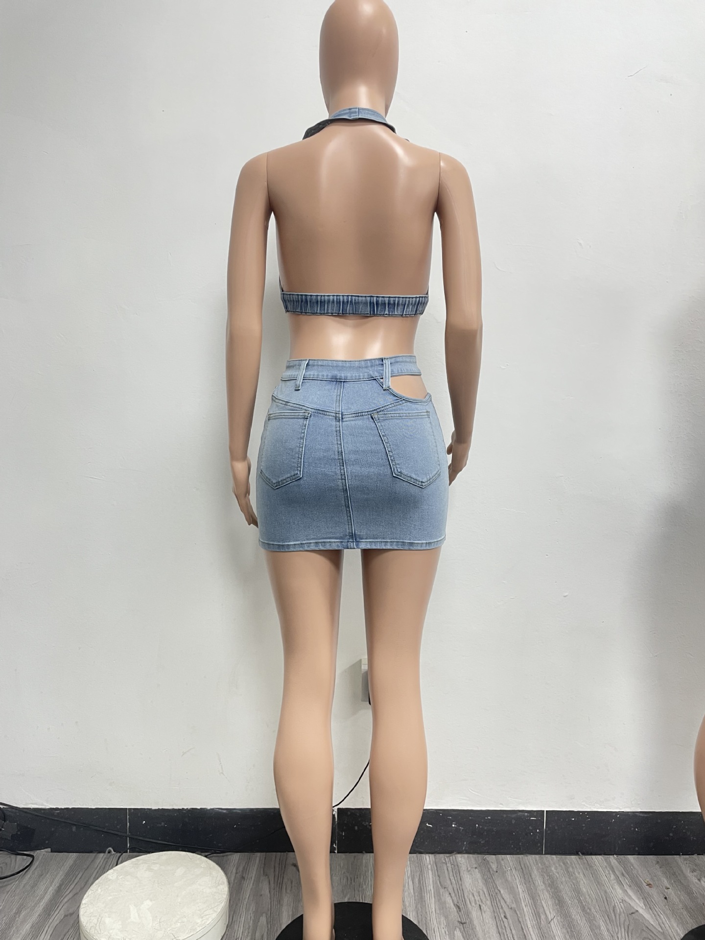 Washed Stretch Denim Casual Sexy Skirt Set