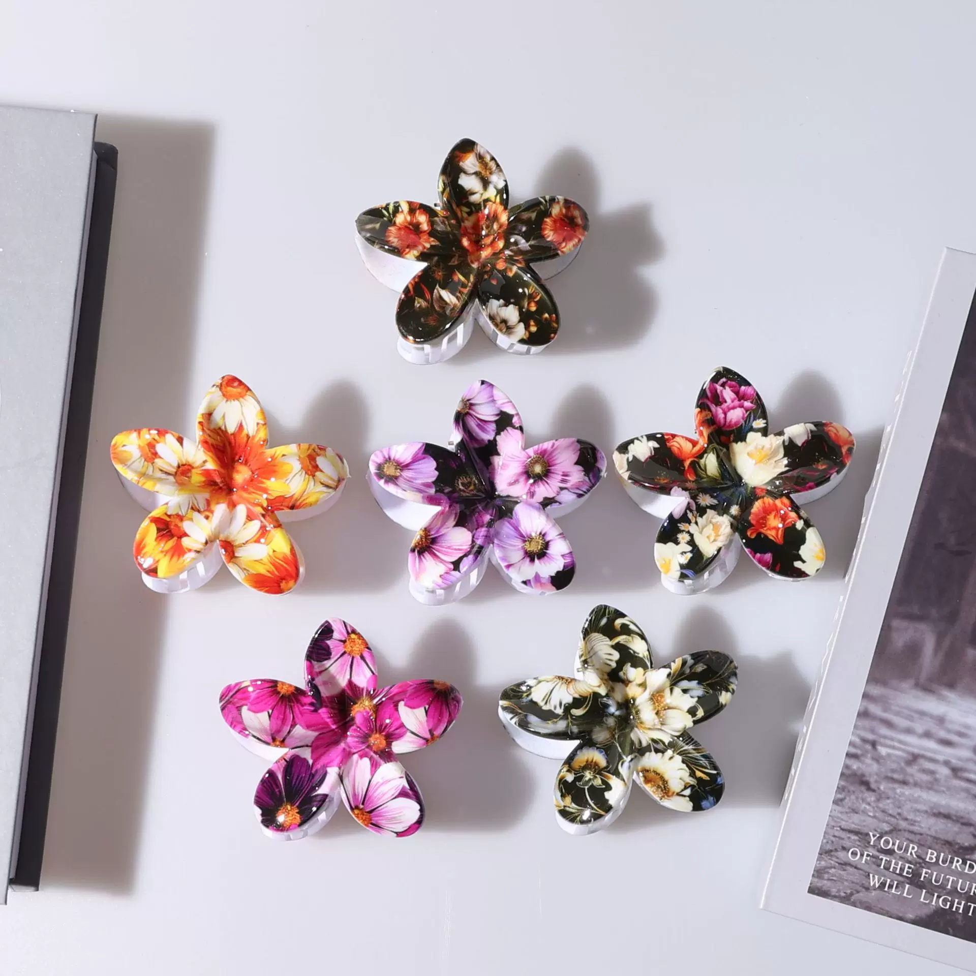 跨境亚马逊鸡蛋花抓夹彩色印花发夹后脑勺盘发鲨鱼夹女生发饰批发