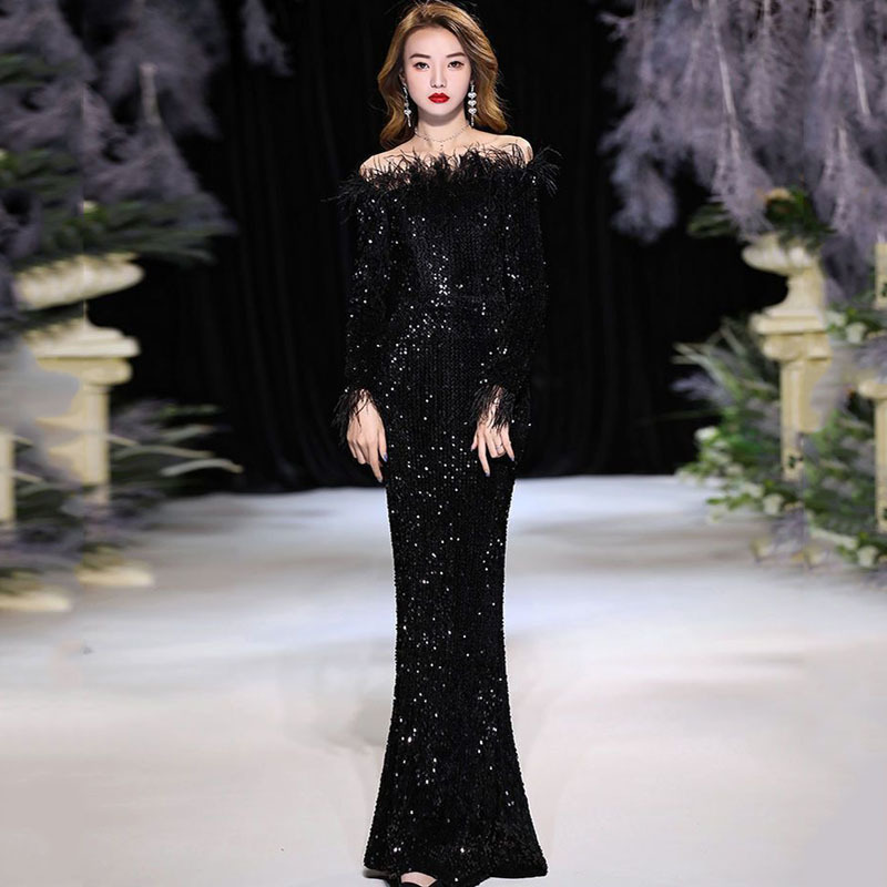 Celebrities Attend Formal Banquet Evening Dress Western Style off Shoulder Long Sleeve Long Mermaid Dress European and American