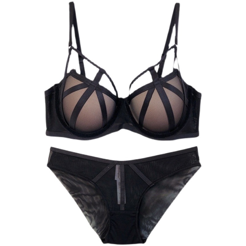 Alta calidad europea y americana sexy vinculante falso ropa interior transparente pequeño pecho push up anillo de acero suave sujetador traje de malla sujetador traje