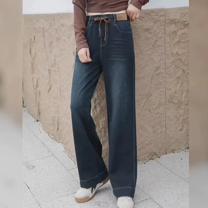 [Производственная прямая линия] Весенние джинсовые узкие прямые брюки женские эластичные тонкие и толстые синие широкие брюки