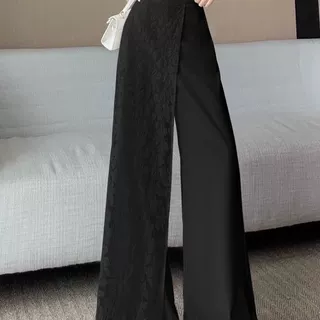 不对称蕾丝拼接休闲阔腿裤小众设计感新款层次感西装阔腿裤裙
