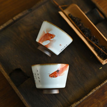 景德镇新彩手绘年年有余锦鲤题字汝窑开片铁胎陶瓷粗陶手拉坯茶杯