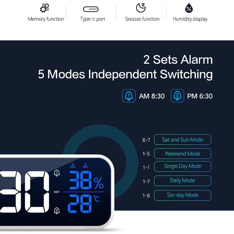 Carga de reloj de alarma controlado por voz espejo LED reloj de música dos juegos de reloj de alarma interruptor nuevo reloj de alarma digital de cabecera