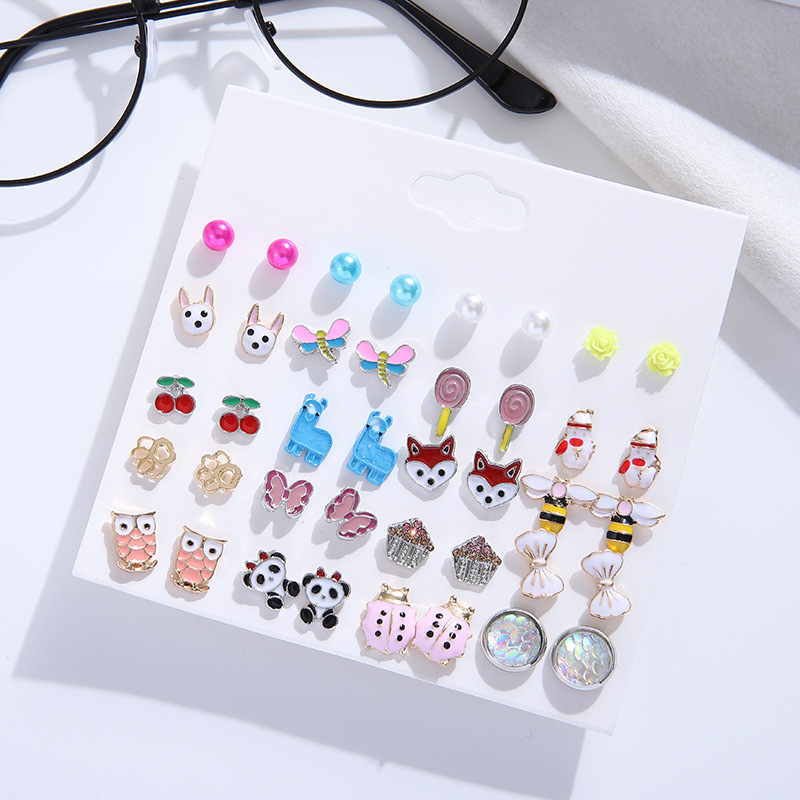 1 Set Cute Heart Shape Fox Cake Alloy Enamel Inlay Pearl Women's Ear Studs display picture 3