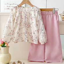 欧美女童新款时尚法式蕾丝花朵刺绣长袖上衣阔腿裤套装可爱韩