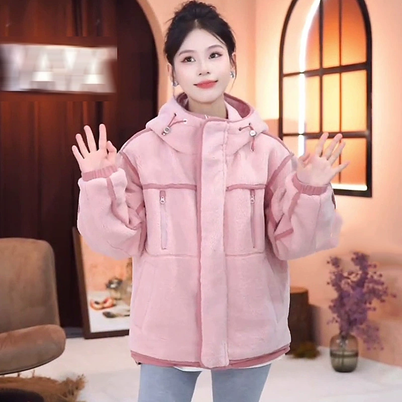 Вельфиш теплая розовая куртка женский 2024 зимний новый толстый свободный хлопчатобумажный куртка с капюшоном