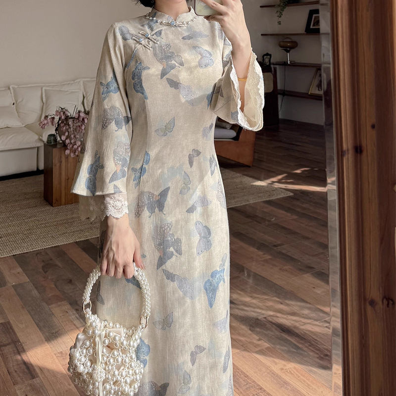 蝴蝶引-2025秋新款复古新中式蝴蝶印花改良旗袍裙子女气质连衣裙|undefined