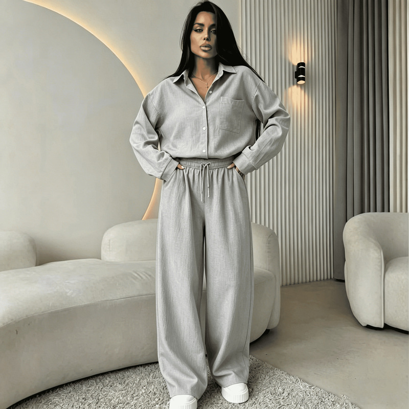 Loose Elastic Wide-Leg Pants Casual Suit European and American New Style Ins Long-Sleeve Shirt for Women Autumn and Winter Wrinkled Loose Elastic Wide-Leg Pants Casual Suit European and American New Style Ins Long-Sleeve Shirt for Women Autumn and Winter Wrinkled