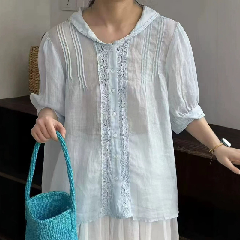 Rustic vintage ramie lace sailor collar shirt for women, new summer style, versatile Rustic vintage ramie lace sailor collar shirt for women, new summer style, versatile