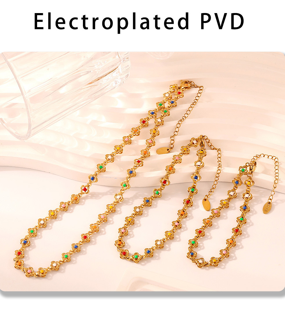 Set Collier Et Bracelet Motif Fleur En Acier Inoxydable_voghion.com