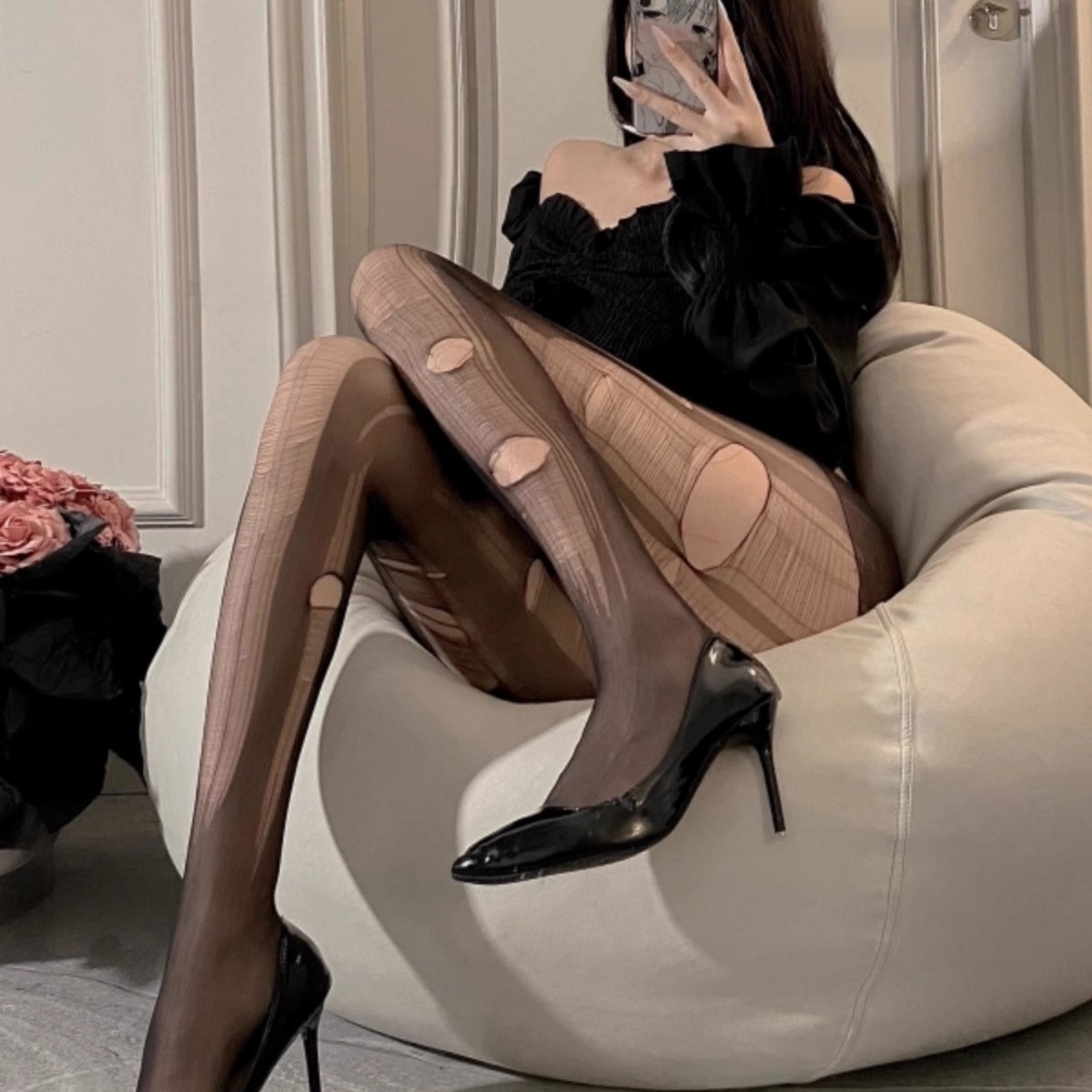 Tempting Hand-Torn Stockings with Holes, Sexy Open-Crotch Disposable Stockings, Sexy Black Stockings for Women, Ultra-Thin White Stockings