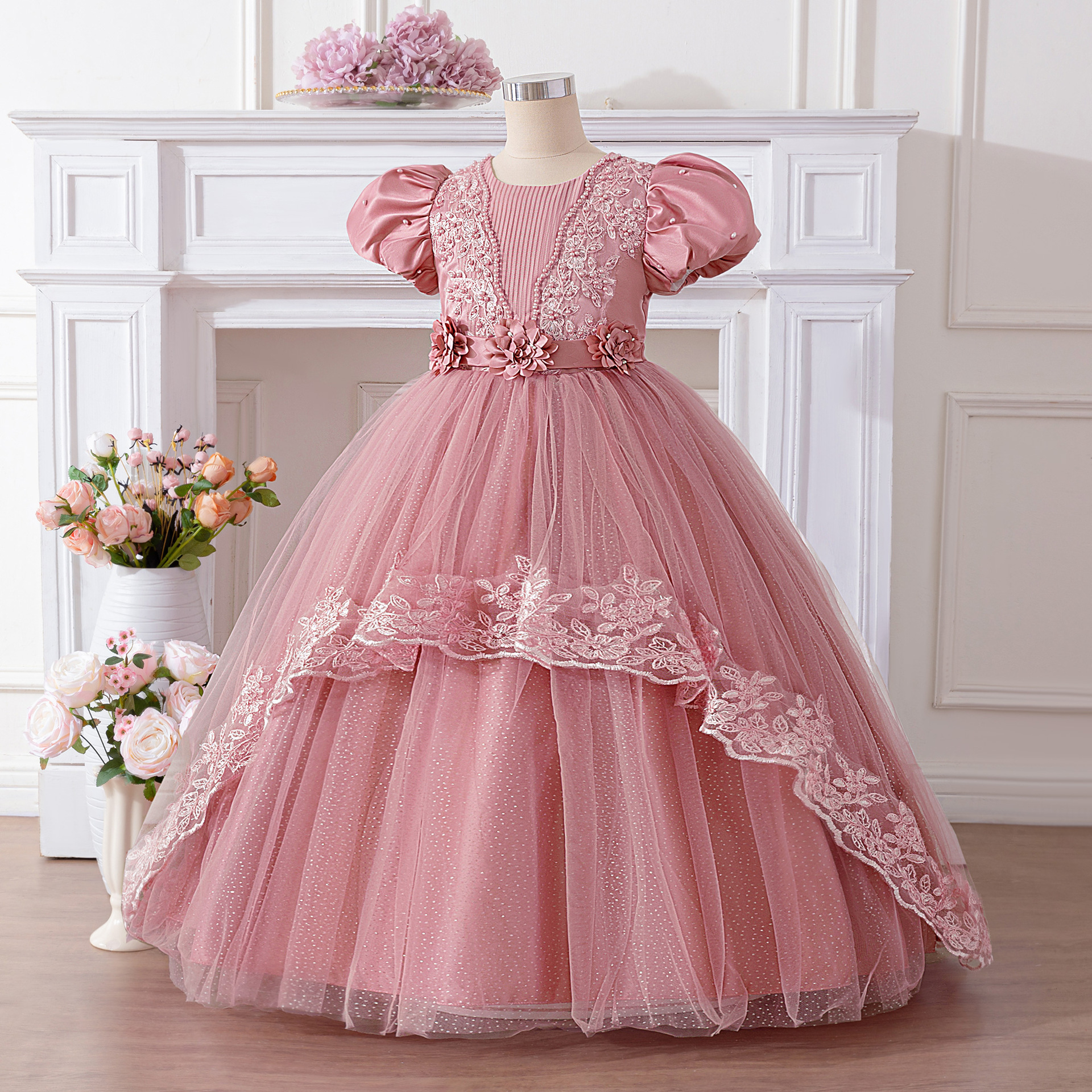 Vestido infantil transfronterizo con cuentas burbujas mangas vestido de princesa floral espectáculo de cumpleaños vestido de desfile vestido de niña