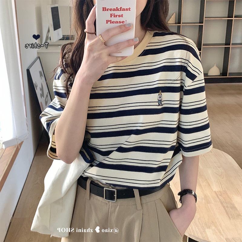 in stock 2025 Bear Embroidered Striped T-Shirt Women's Summer Korean-style Chic Loose Half-sleeved Ins Trendy Short-sleeved Top