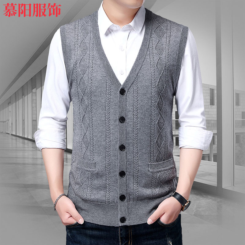 De mediana edad y ancianos papá de punto cardigan hombres con cuello en V diamante jacquard chaleco casual de negocios chaleco de entrega de una sola pieza