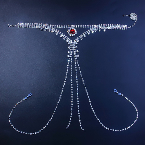 New European and American-style sexy red rhinestone breast chain and body chain set—trendy cross-border women's accessories, perfect for adding a glamorous touch to your look.