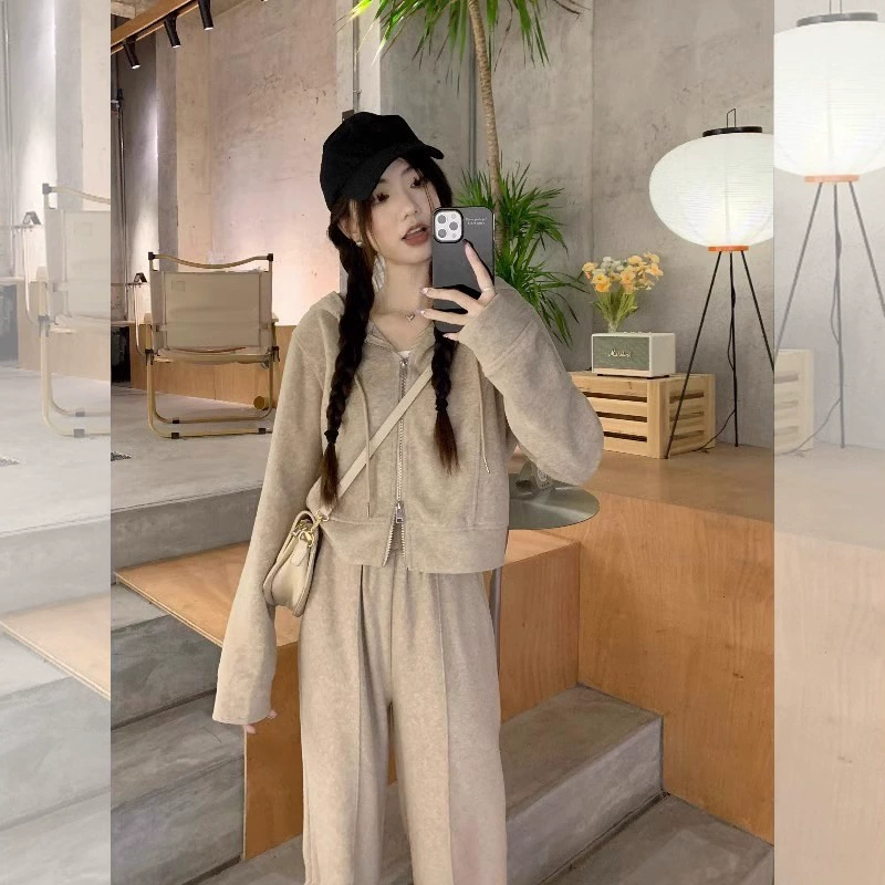 Повседневный спортивный костюм для женщин, весна и осень, новый свободный повседневный свитер на молнии с капюшоном в корейском стиле, широкие брюки, модный комплект из двух предметов